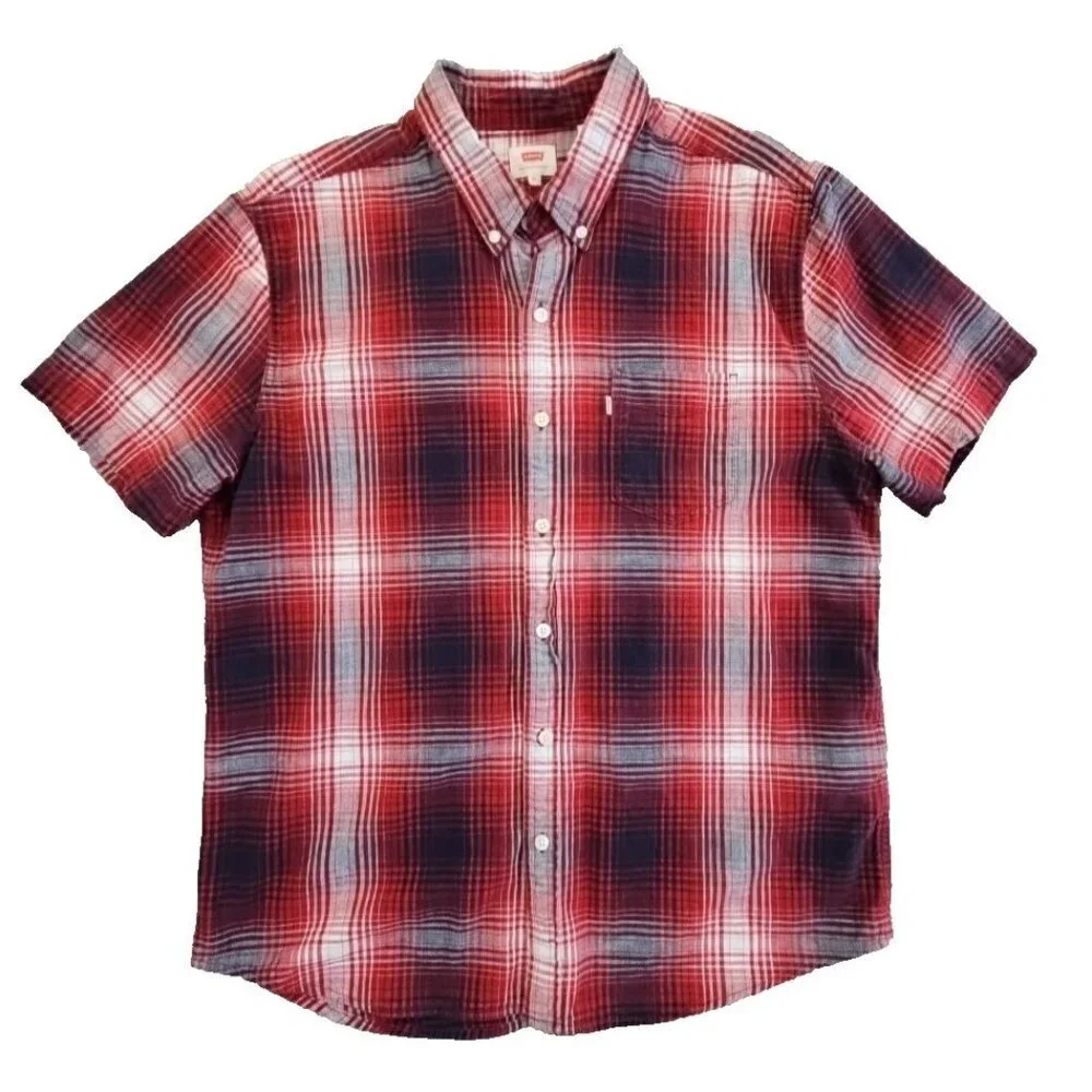 Levi's Shirt Men's XL Red Plaid Modern Fit Button Up Western Short Sleeve EUC